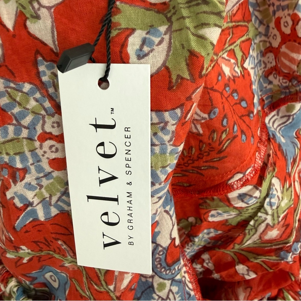 ❤️ Velvet by Graham & Spencer One Shoulder Boho Floral Blouse Red Cotton Top XS - Picture 8 of 11